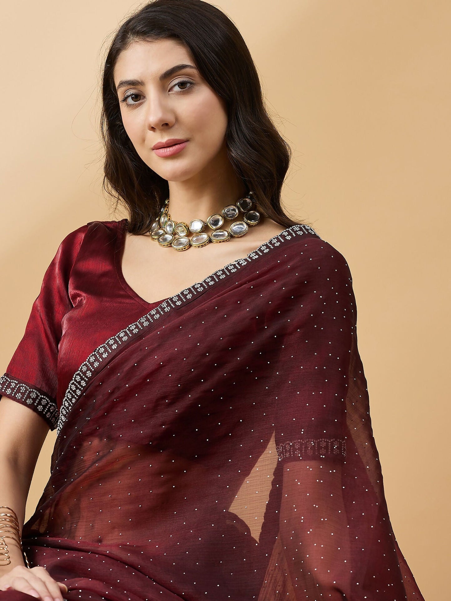 Brown Organza Swaroski Diamond Work Saree with Unstitched Blouse - Radha