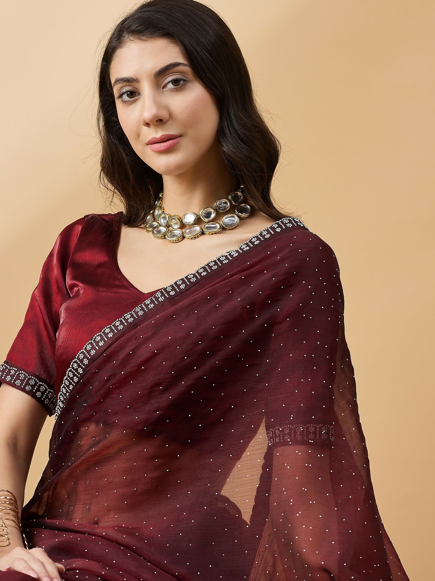 Brown Organza Swaroski Diamond Work Saree with Unstitched Blouse - Radha