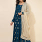 Janasya Women's Teal Blue Georgette Foil Printed Festive Flared Kurta Set | Swadesiicart