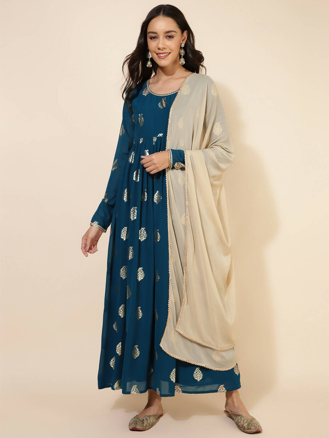 Janasya Women's Teal Blue Georgette Foil Printed Festive Flared Kurta Set | Swadesiicart