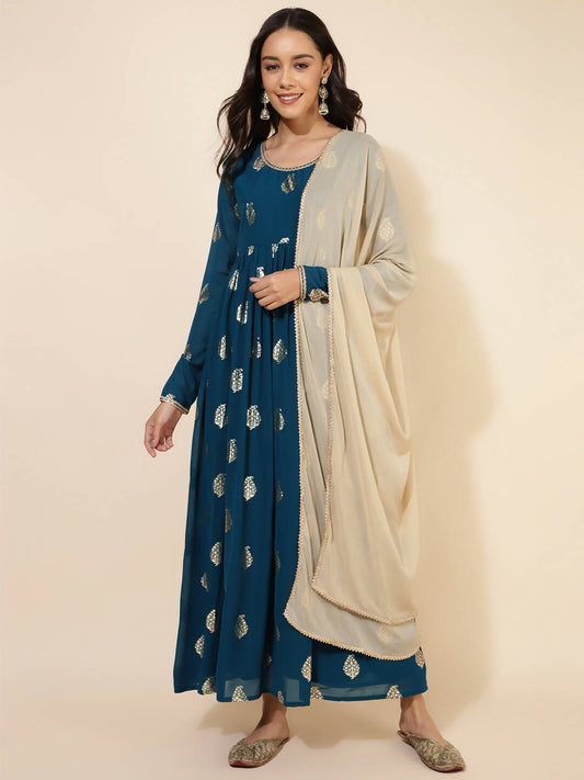 Janasya Women's Teal Blue Georgette Foil Printed Festive Flared Kurta Set | Swadesiicart