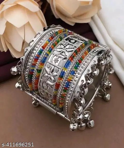 Tehzeeb Creations Women's Silver Colour Oxidised Bangle With Multi Colour Pearl - Swadesiicart