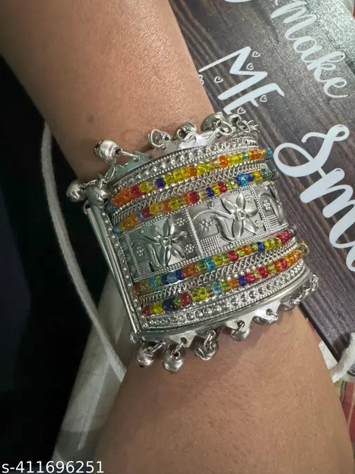Tehzeeb Creations Women's Silver Colour Oxidised Bangle With Multi Colour Pearl - Swadesiicart