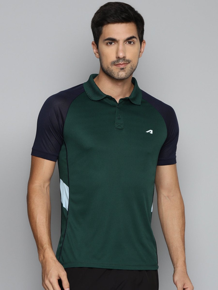 Alcis Men Green & Navy Blue Colourblocked Polo Collar Slim Fit Running T-shirt | Swadesiicart