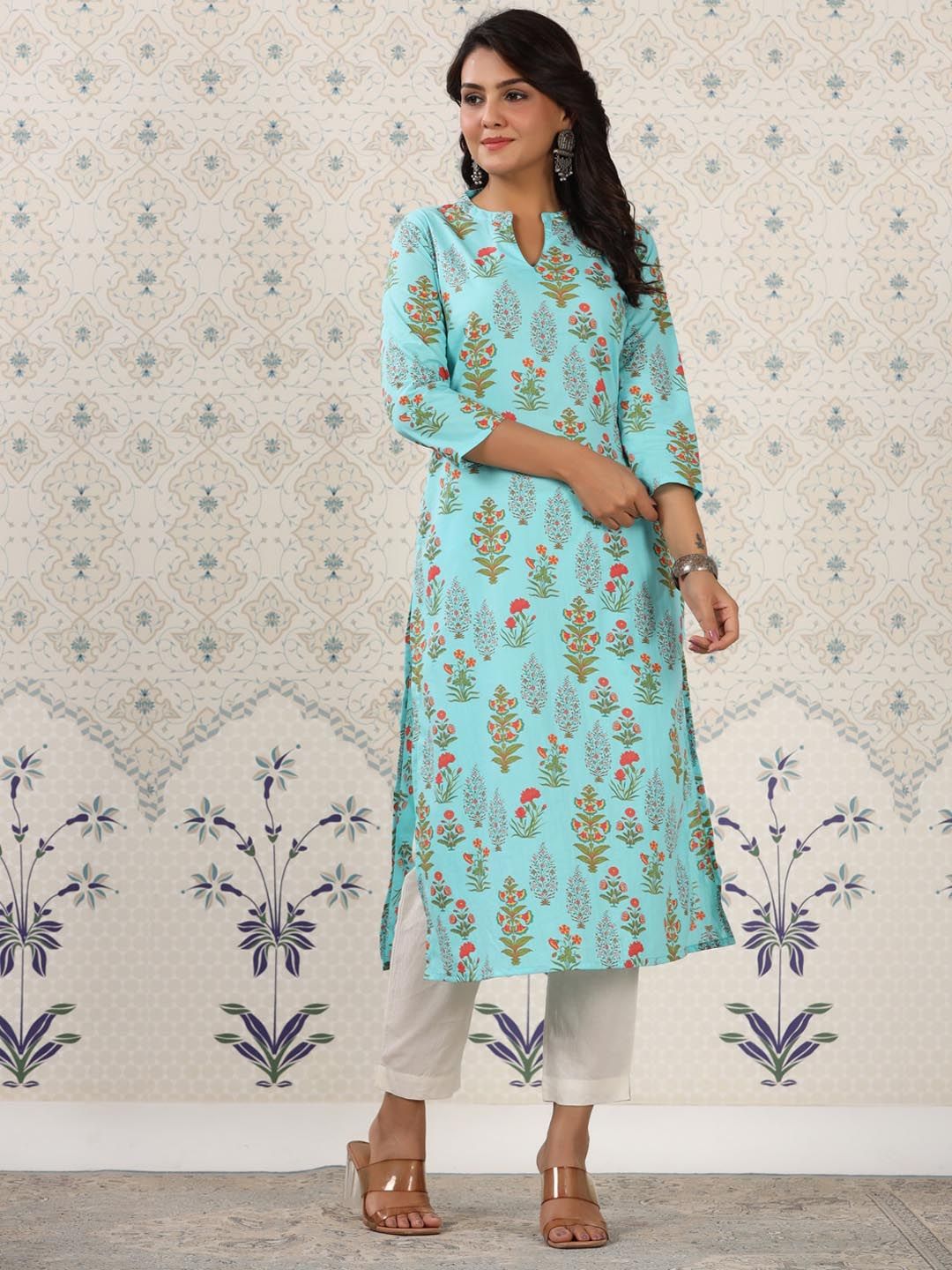Ode by House of Pataudi Floral Printed Mandarin Collar Pure Cotton Kurta - Swadesiicart