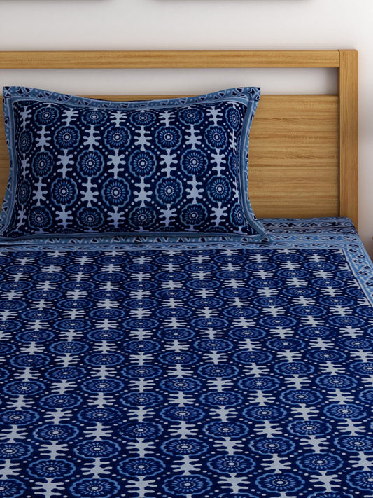 Rajasthan Decor Navy Blue Block Print 144 TC Cotton 1 Single Bedsheet with 2 Pillow Covers - Swadesiicart