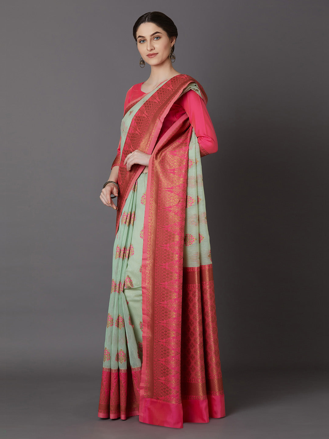 Mitera Sea Green & Pink Silk Blend Woven Design Banarasi Saree | Swadesiicart
