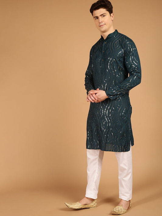 Sojanya Ethnic Motif Embroidered Band Collar Sequinned Pure Cotton Kurta | Swadesiicart