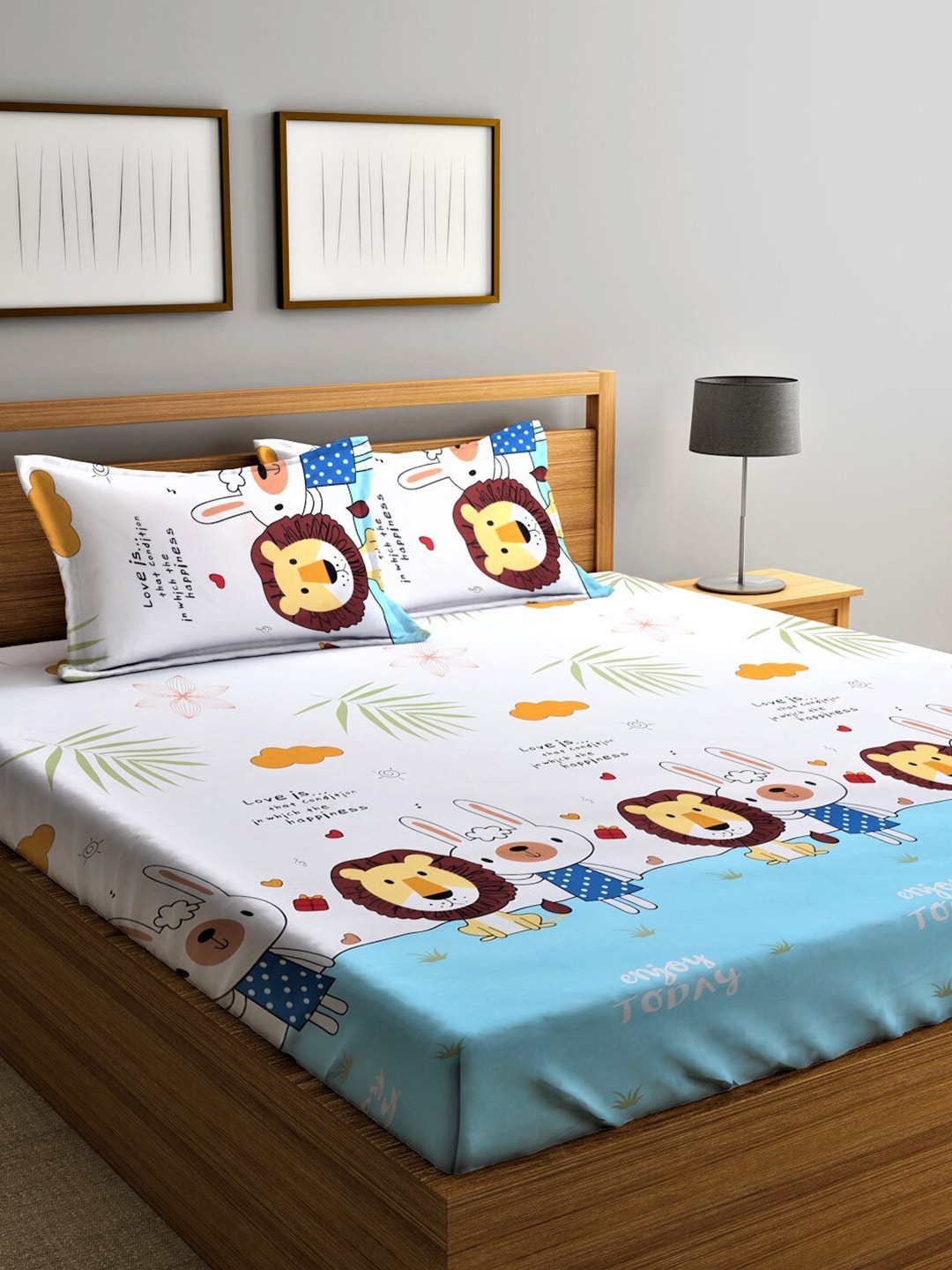 Home Sizzler White & Blue Printed 210 TC Double Bedsheet With 2 Pillow Covers - Swadesiicart