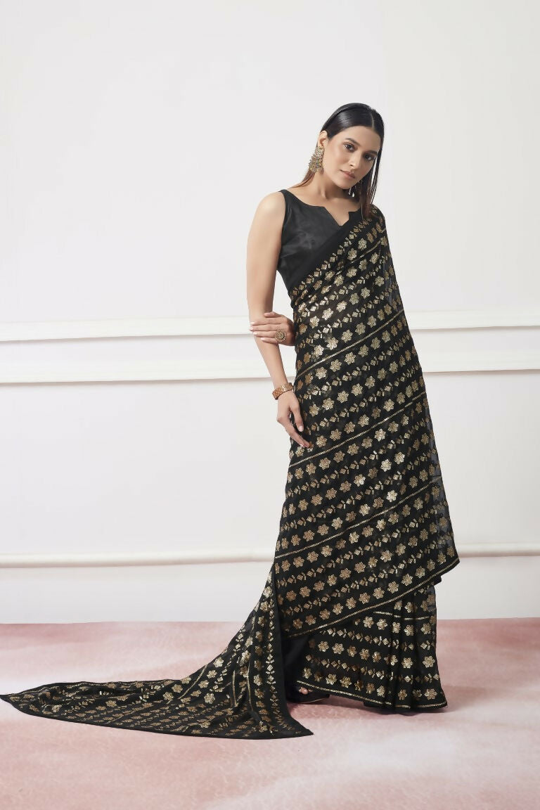 Black Georgette Sequance Embroidery Work Saree with Unstitched Blouse - Vandini