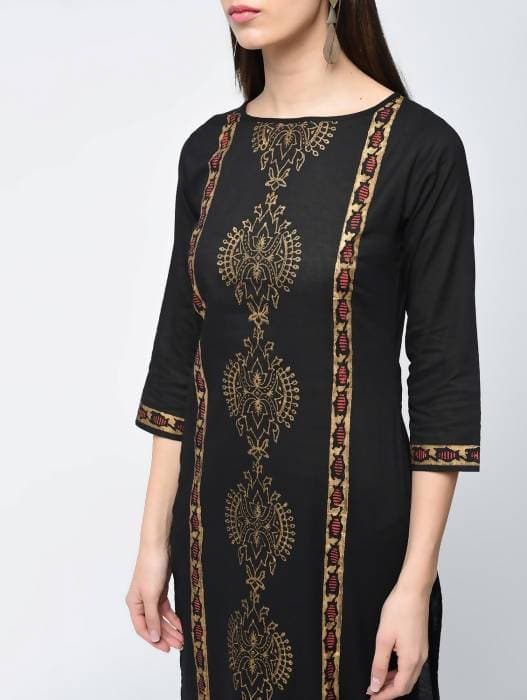 Aniyah Cotton Block Printed Latest Black Straight Kurta (AN-122K) - Swadesiicart