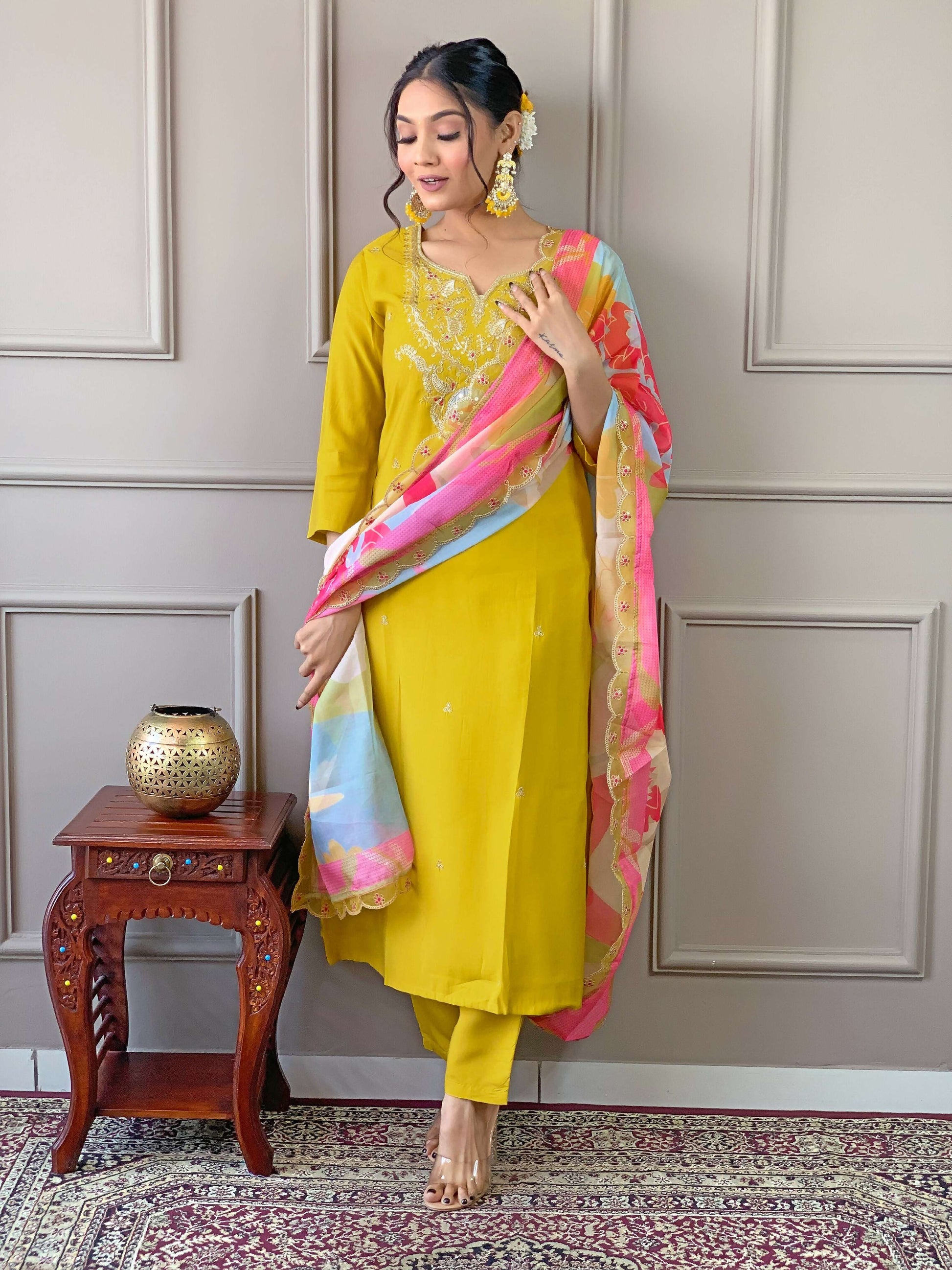 PartywearDesigner Viscose Yellow Stitched Suit With Dupatta - Tanisha | Swadesiicart