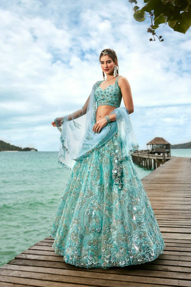 House of Panchhi Turquoise Blue Net Sequins And Zarkan Embroidery Lehenga Choli & Dupatta | Swadesiicart