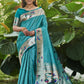 Vishnu Weaves Women's Firozi Paithani Silk Minakari Zari Woven Saree with Unstitched Blouse - Swadesiicart