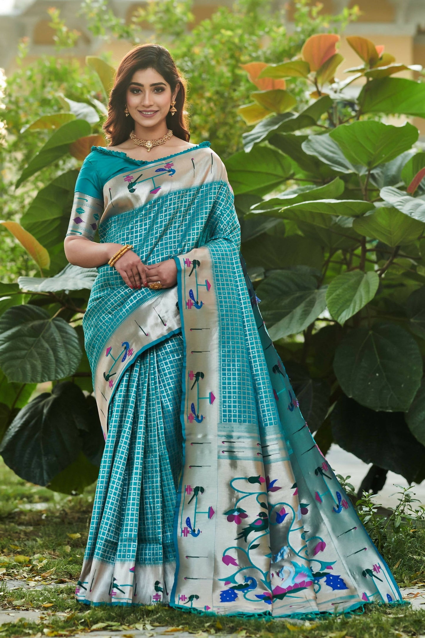Vishnu Weaves Women's Firozi Paithani Silk Minakari Zari Woven Saree with Unstitched Blouse - Swadesiicart