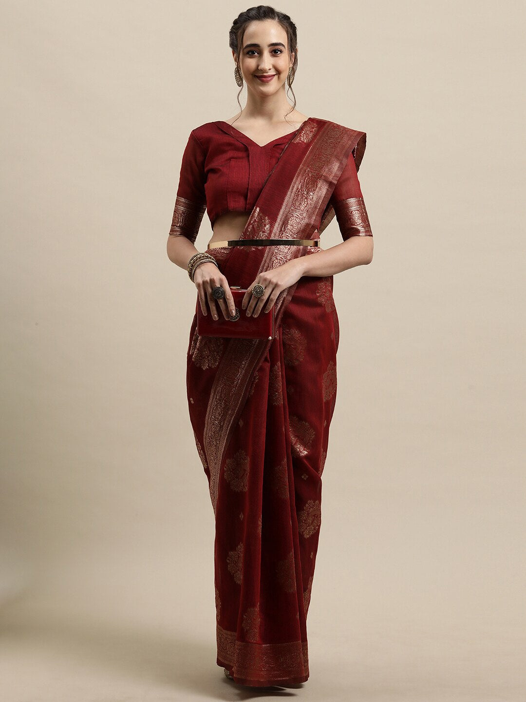 Saree Mall Maroon & Gold-Toned Ethnic Motifs Zari Silk Blend Banarasi Sarees | Swadesiicart