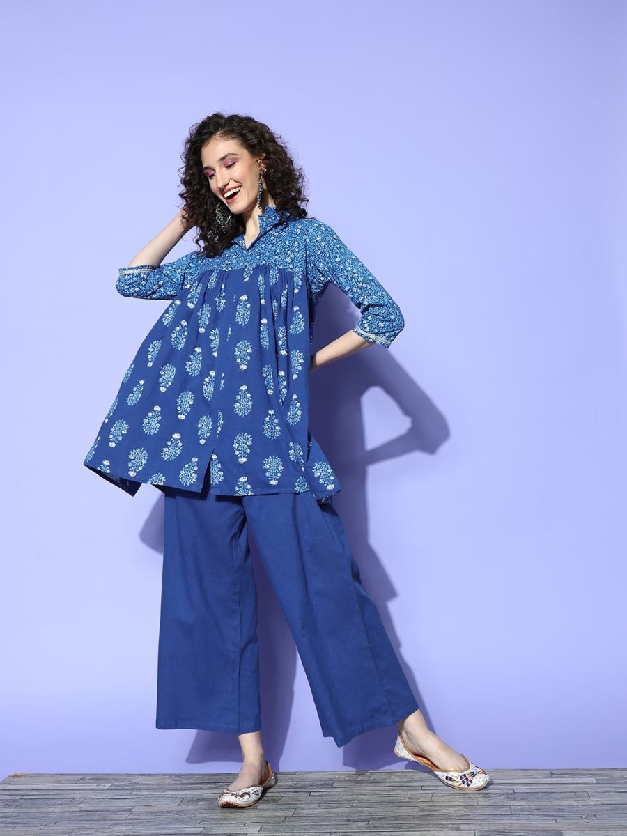 Ahalyaa Blue Pure Cotton Tunic & Palazzos Ethnic Co-Ords - Swadesiicart