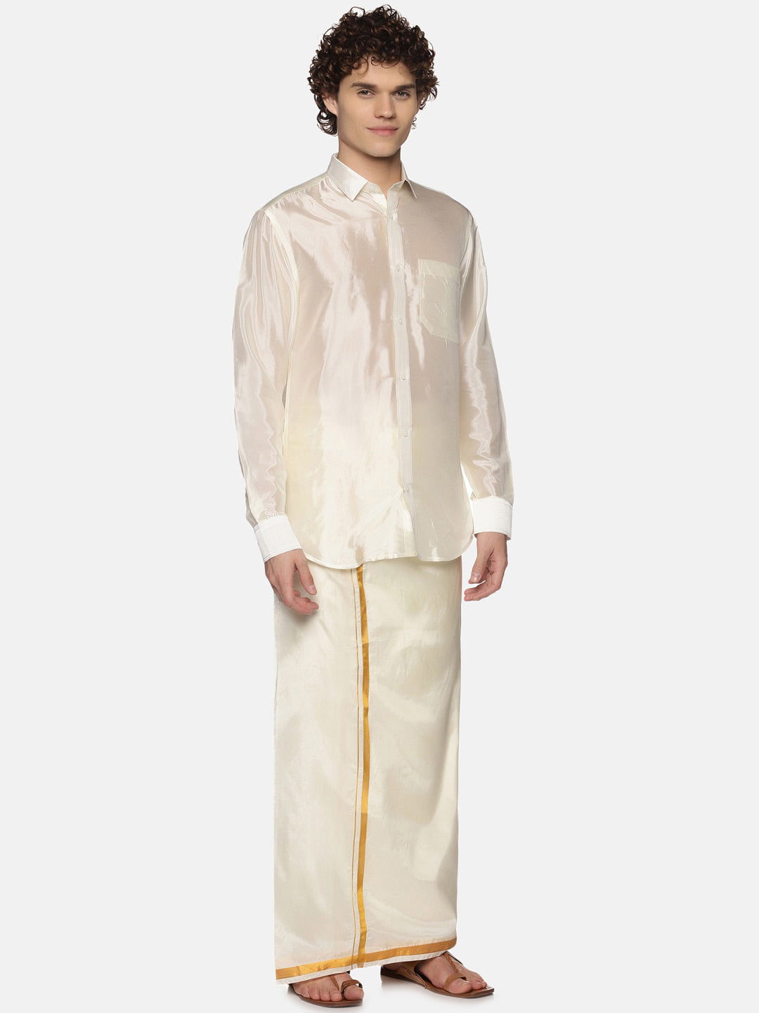 Sethukrishna Men Cream-Coloured Solid Art Silk Dhoti | Swadesiicart