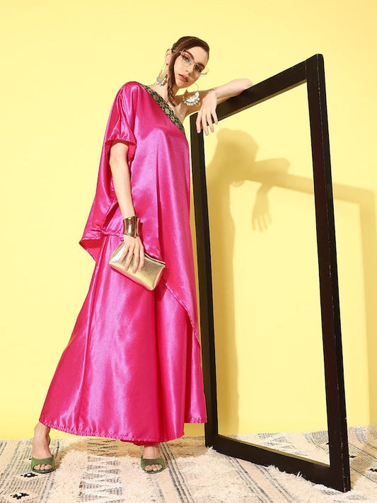 InWeave Women's Pink Green Brocade Satin Oneshoulder Kurta Set - Swadesiicart