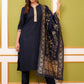 Vishudh Navy Blue & Gold Toned Round Neck Regular Kurta with Trousers & With Dupatta - Swadesiicart
