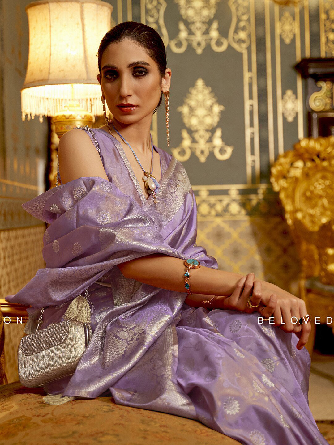 Mitera Lavender & Gold-Toned Ethnic Motifs Zari Silk Blend Banarasi Saree | Swadesiicart