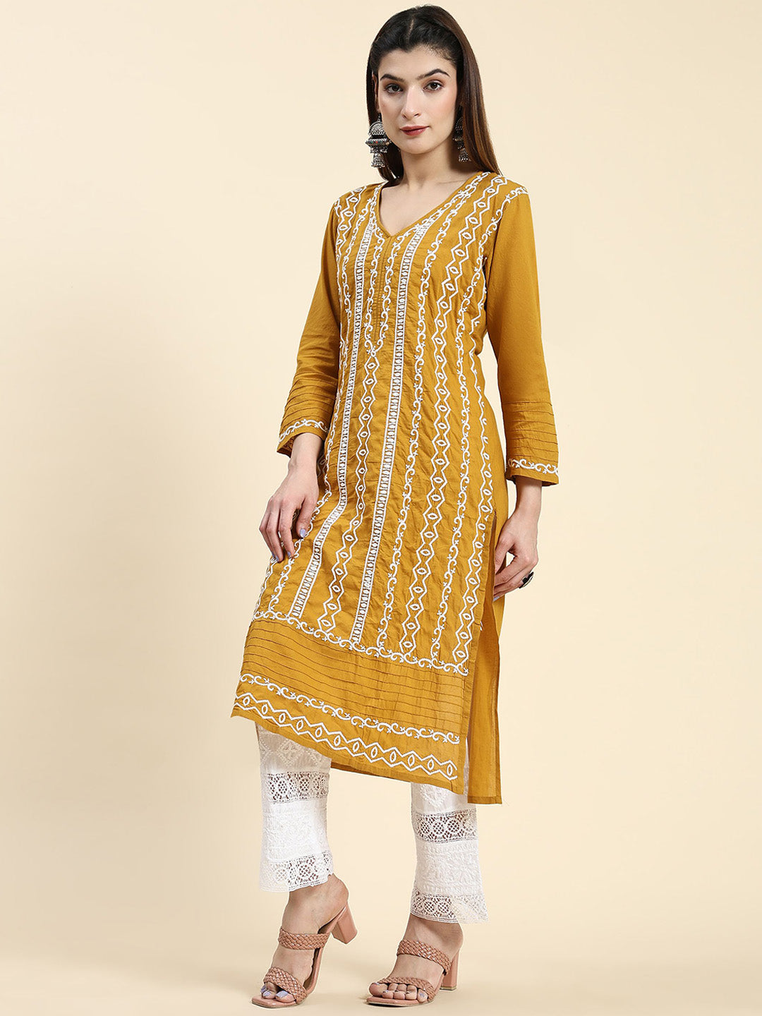 HOUSE OF KARI Ethnic Motifs Embroidered Chikankari Cotton Kurta | Swadesiicart