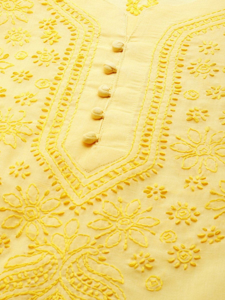 ADA Women Yellow & Black Chikankari Embroidered Handloom Kurta with Cotton Trousers | Swadesiicart