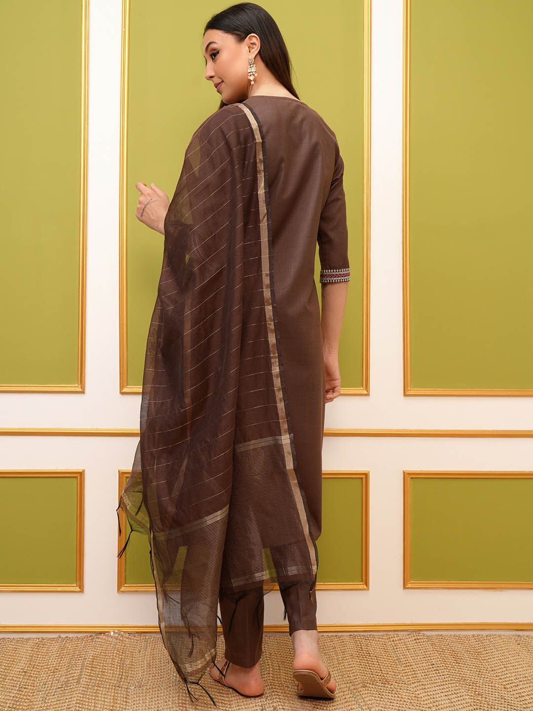 Vishudh Brown Ethnic Motifs Embroidered Kurta & Trousers With Dupatta - Swadesiicart