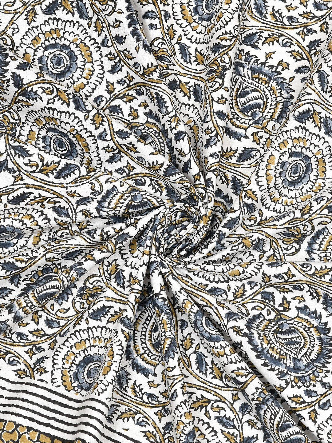 BELLA CASA Ethic White & Blue Printed Cotton 180 TC King Bedsheet with 2 Pillow Covers - Swadesiicart