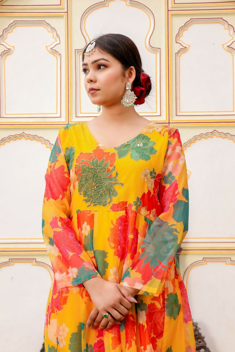 Vaasva Women Mustard Organza Multi Floral Print & Embroidered Anarkali Kurta, Pant & Dupatta set | Swadesiicart