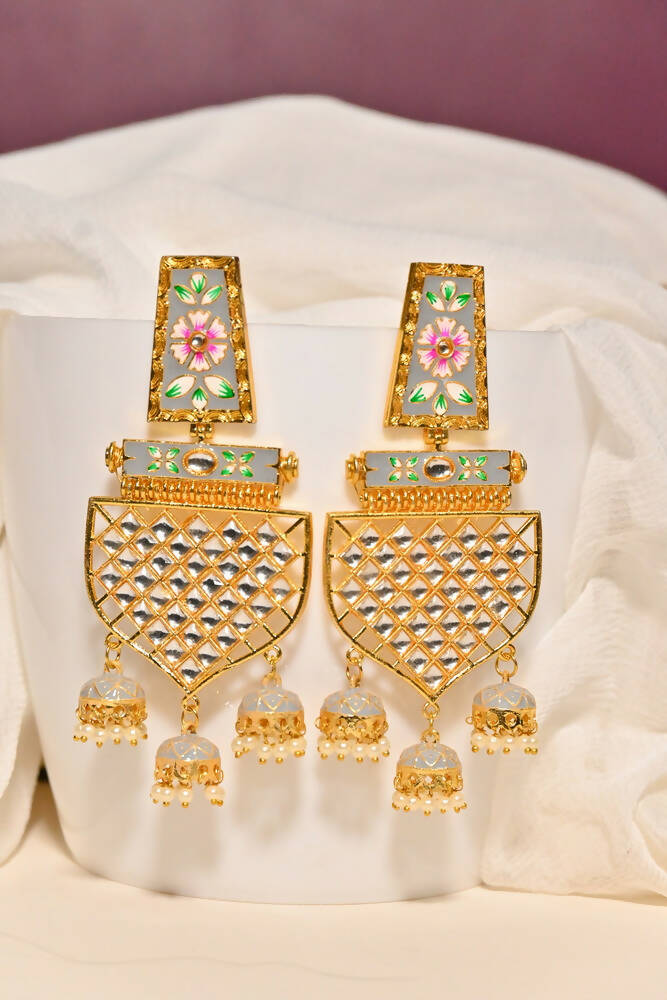 Traditional Gold-Polished Meenakari Grey Jhumka Jhumki Earrings By House of Ree - House of Ree