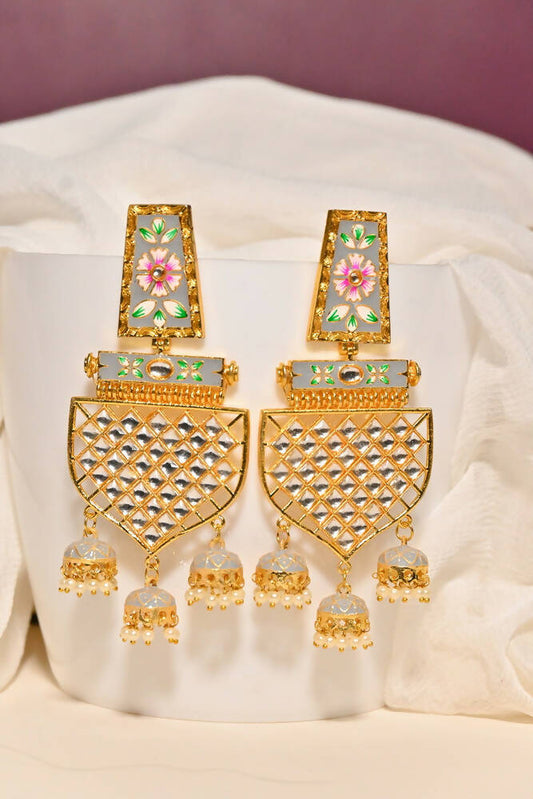 Traditional Gold-Polished Meenakari Grey Jhumka Jhumki Earrings By House of Ree - House of Ree