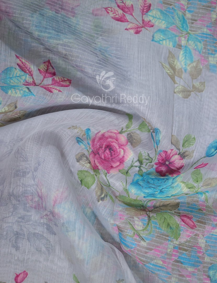 Shades of Light Grey With Floral Print Semi Chanderi Saree By Gayathri Reddy Designer Studio | Swadesiicart