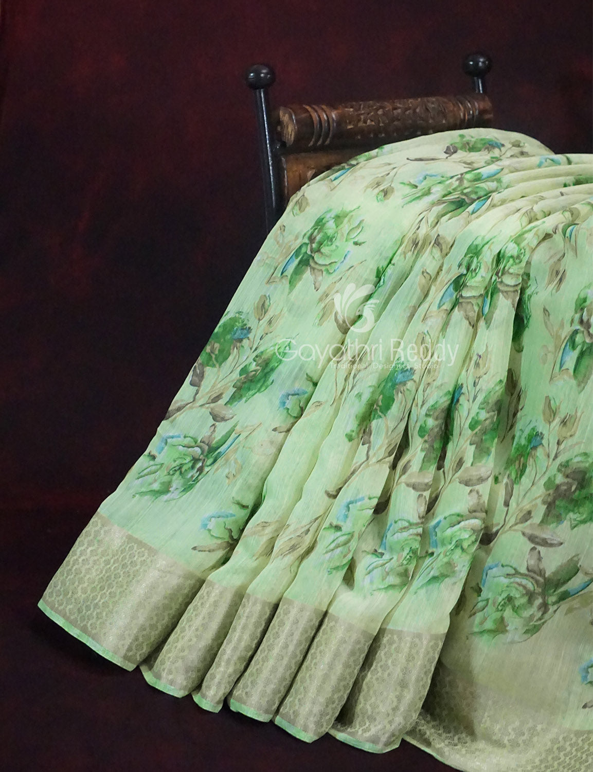 Shades of Green with Floral Design Semi Chanderi Saree By Gayathri Reddy Designer Studio | Swadesiicart