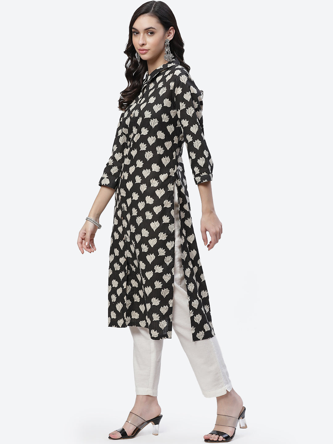 Biba Women Black and White Ethnic Motifs Print Straight Kurta - Swadesiicart