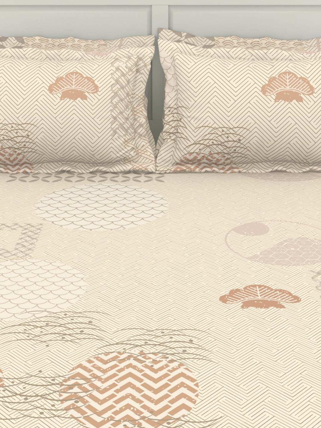 SPACES Pattern Art Cream Printed Egyptian Cotton 350 TC King Bedsheet & 4 Pillow Covers - Swadesiicart