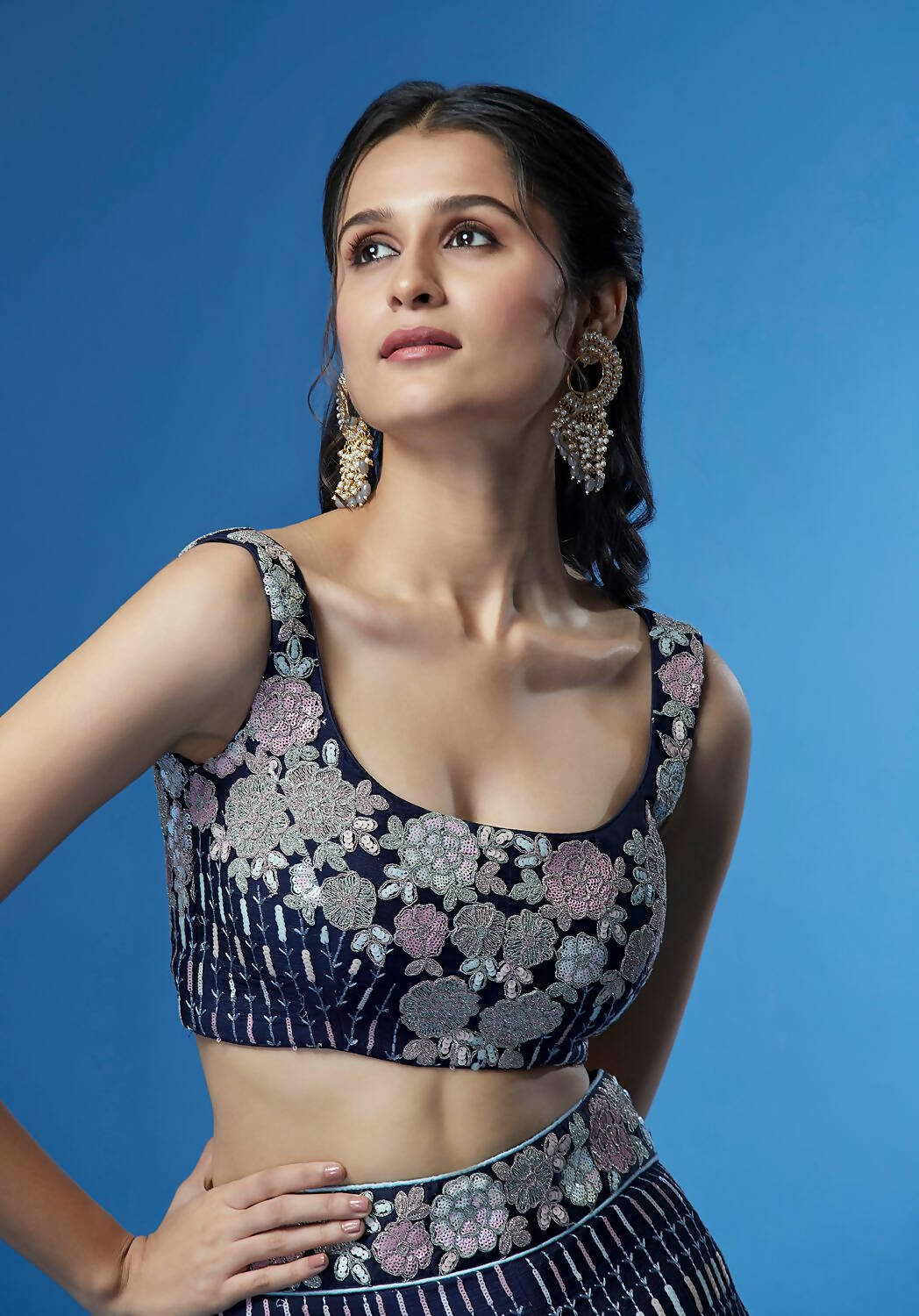 House of Panchhi Navy Blue Color Georgette Multi-Sequins Work Lehenga | Swadesiicart