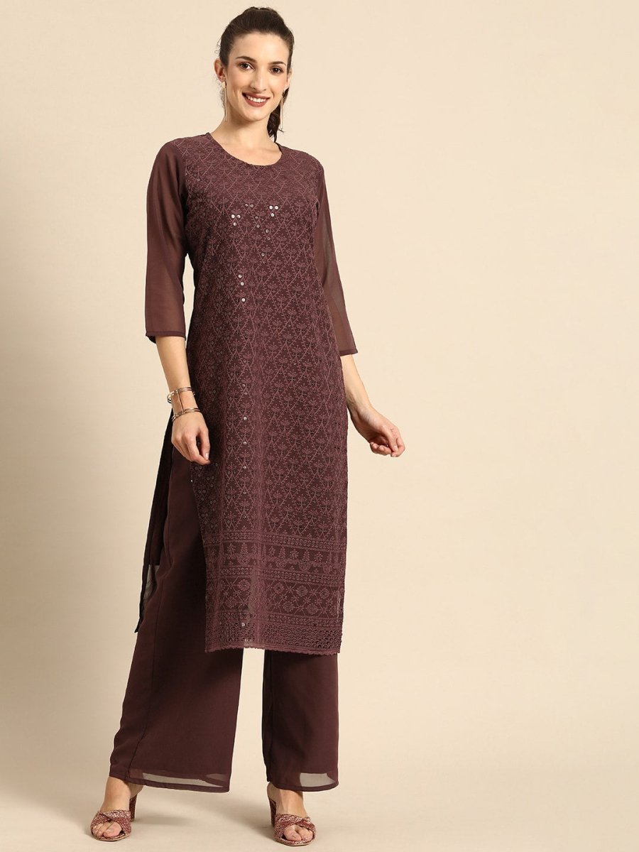 All About You Women Brown Ethnic Motifs Embroidered Regular Chikankari Kurta with Palazzos | Swadesiicart