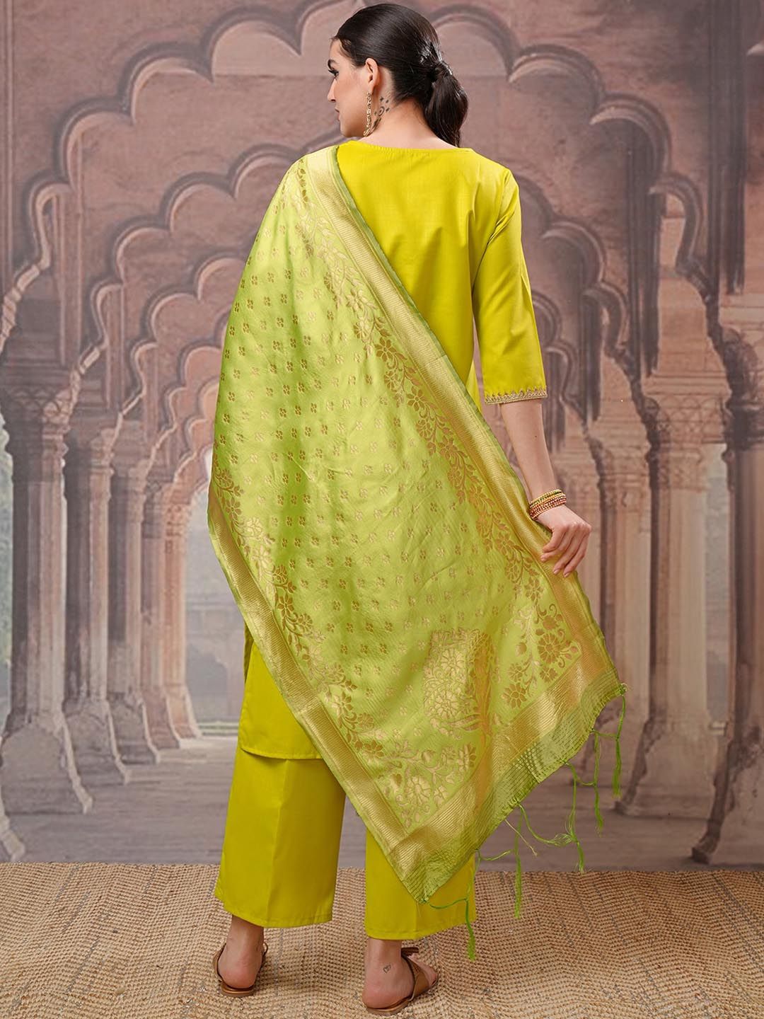 Vishudh Lime Green Gotta Patti Straight Kurta with Palazzo & Dupatta - Swadesiicart