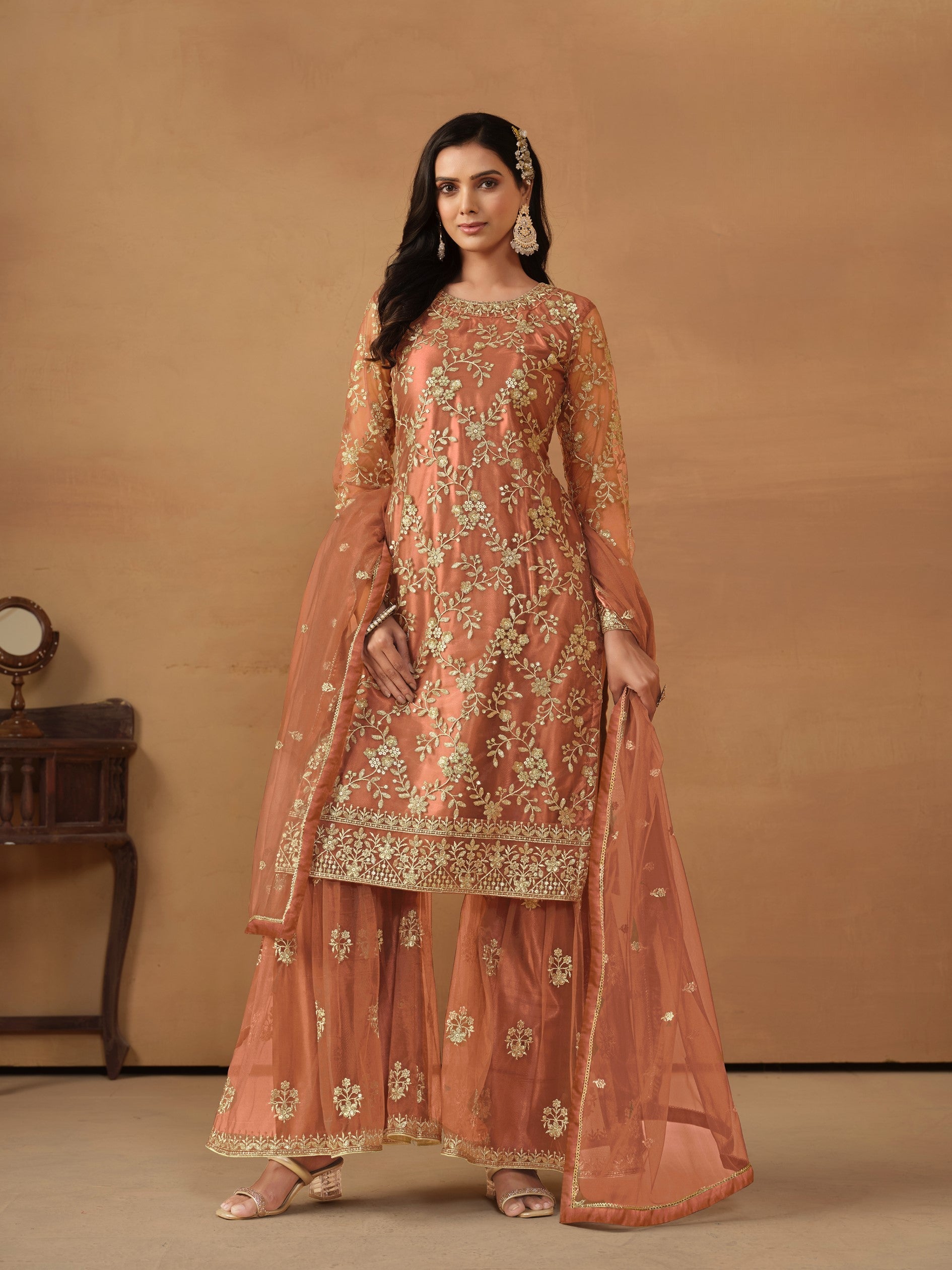 Anaita Brown Embroidered Net Salwar Suit