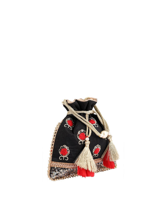 Masq Black & Red Embellished Embroidered Potli Clutch - Swadesiicart