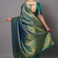 Mitera Teal & Gold-Toned Woven Design Zari Silk Blend Banarasi Saree | Swadesiicart