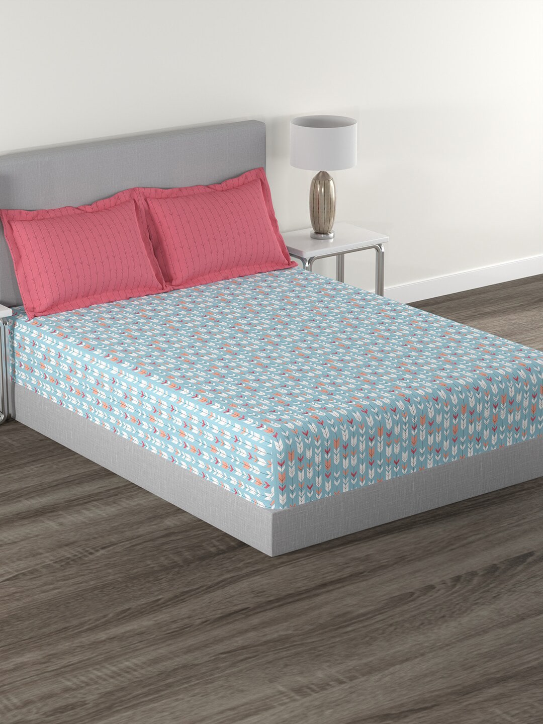 MYTRIDENT Blue White Geometric Cotton 144 TC Queen Bedsheet With 2 Pillow Covers - Swadesiicart