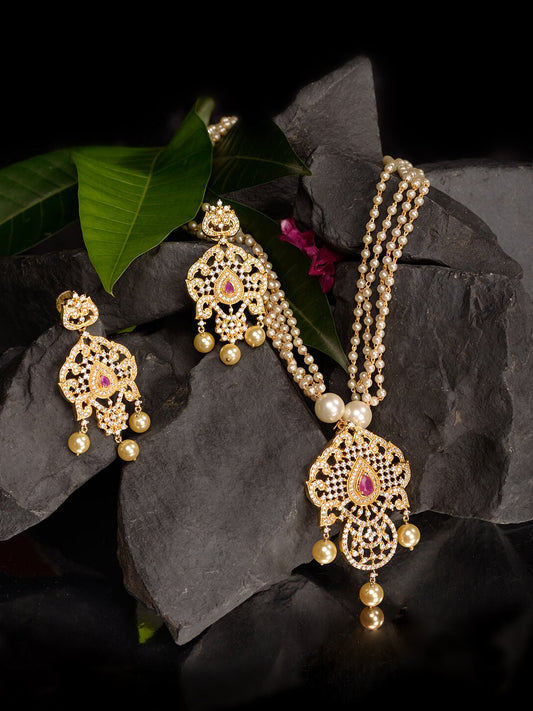 Saraf RS Jewellery Gold-Polished White & Magenta American Diamond Studded Jewellery Set