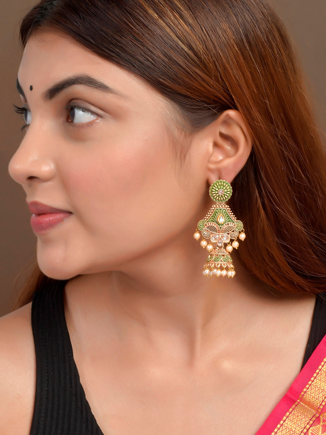 Shoshaa Green & Gold-Toned Contemporary Jhumkas Earrings | Swadesiicart