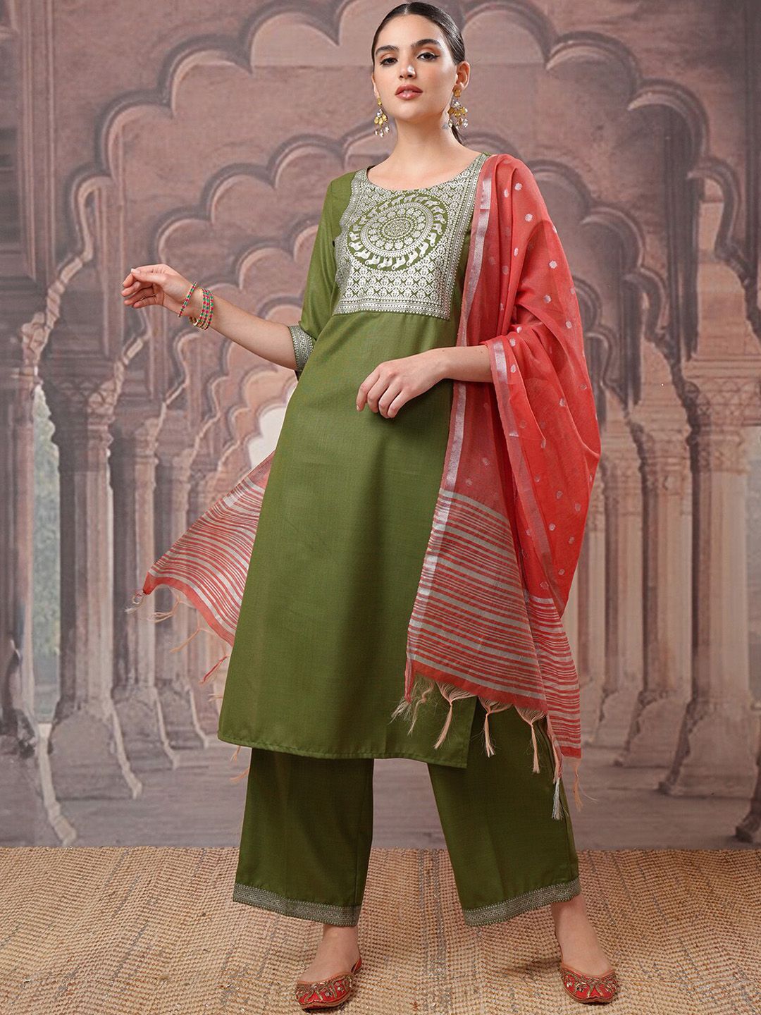 Vishudh Green Ethnic Motifs Printed Kurta with Palazzo & Dupatta - Swadesiicart