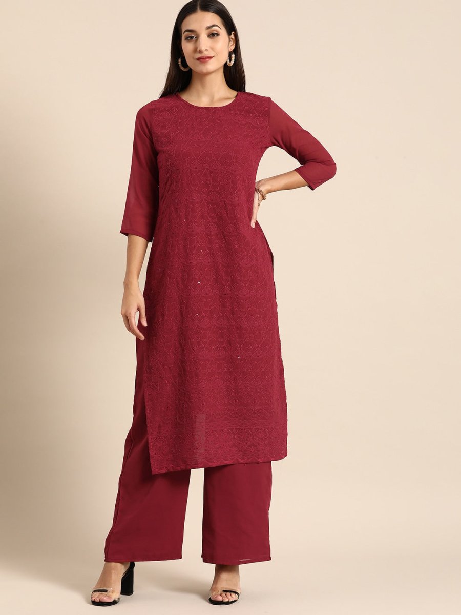 All About You Women Maroon Ethnic Motifs Embroidered Chikankari Kurta with Palazzos | Swadesiicart