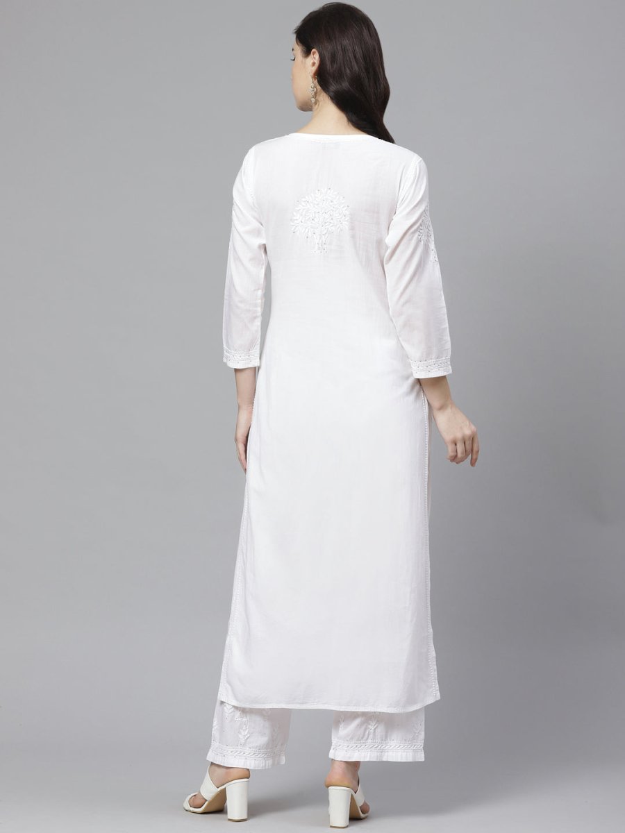ADA Women White Chikankari Embroidered Sustainable Kurta with Palazzos | Swadesiicart