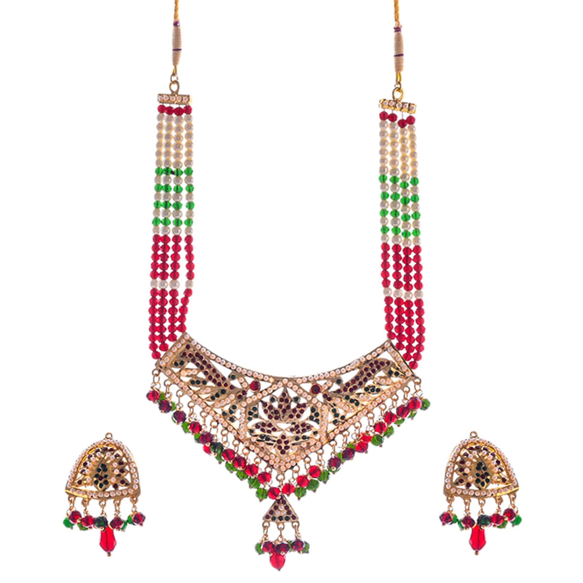 Gold-Polished Alloy Traditional Ethnic Beaded Jadau Necklace Set - The Pari - Swadesiicart