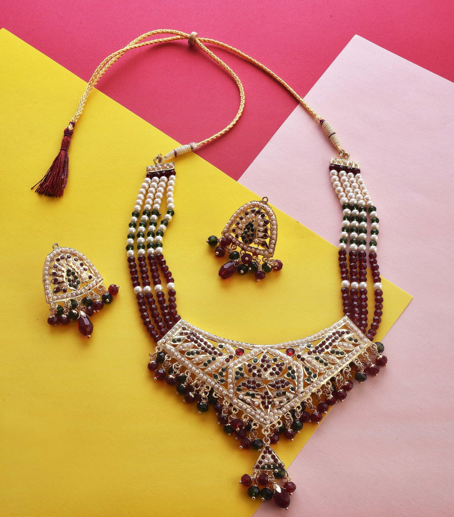 Gold-Polished Alloy Traditional Ethnic Beaded Jadau Necklace Set - The Pari - Swadesiicart